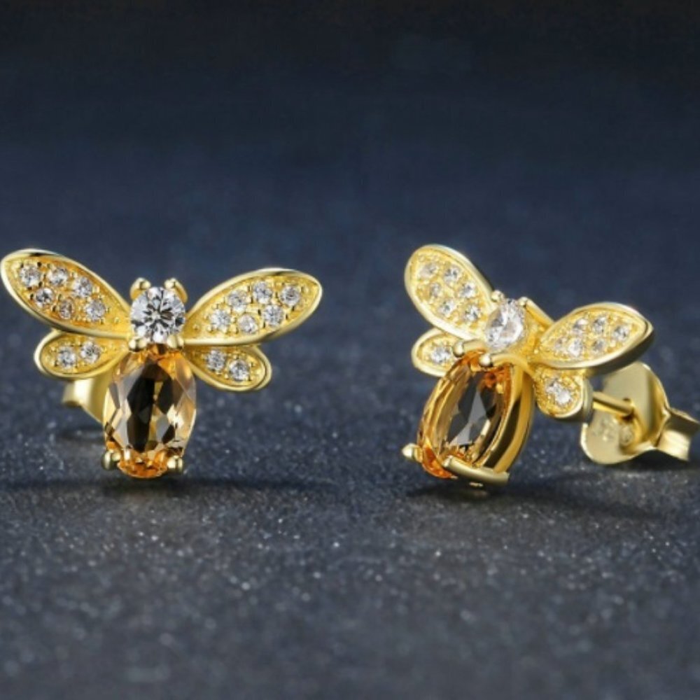 Bee earrings yellow gold tone sterling silver 925 natural citrine peridot